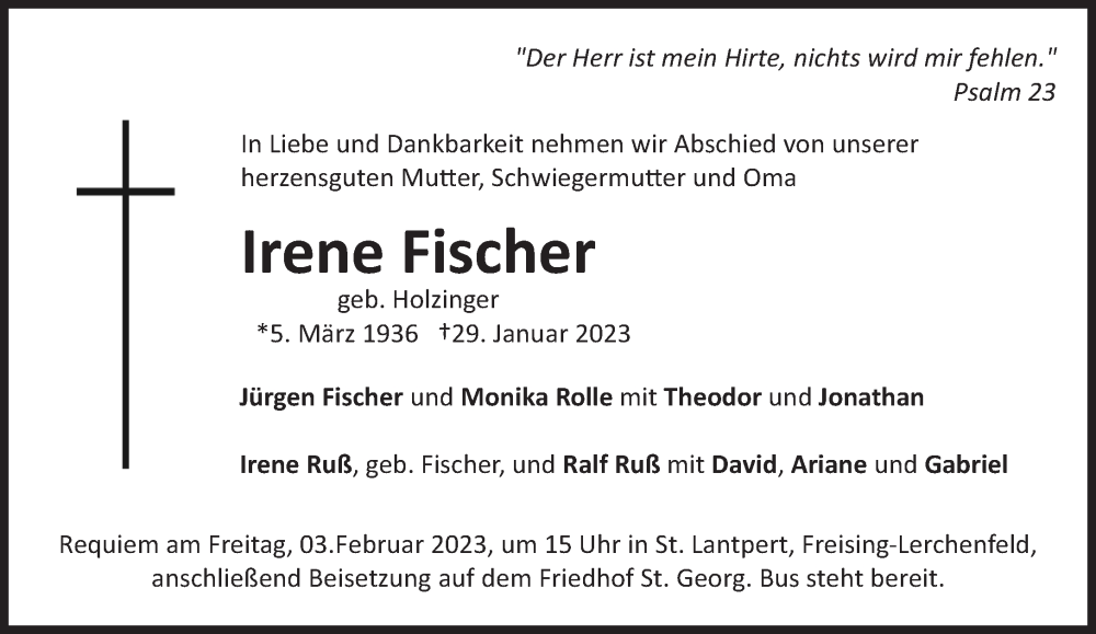 Traueranzeige für Irene Fischer vom 01.02.2023 aus Süddeutsche Zeitung