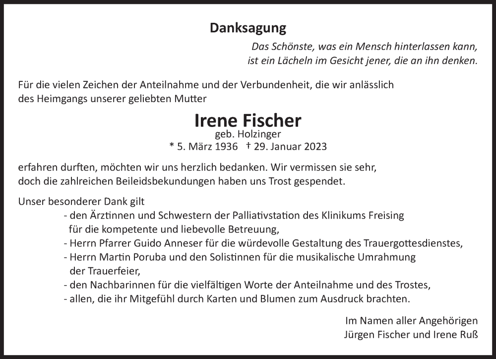  Traueranzeige für Irene Fischer vom 10.02.2023 aus Süddeutsche Zeitung