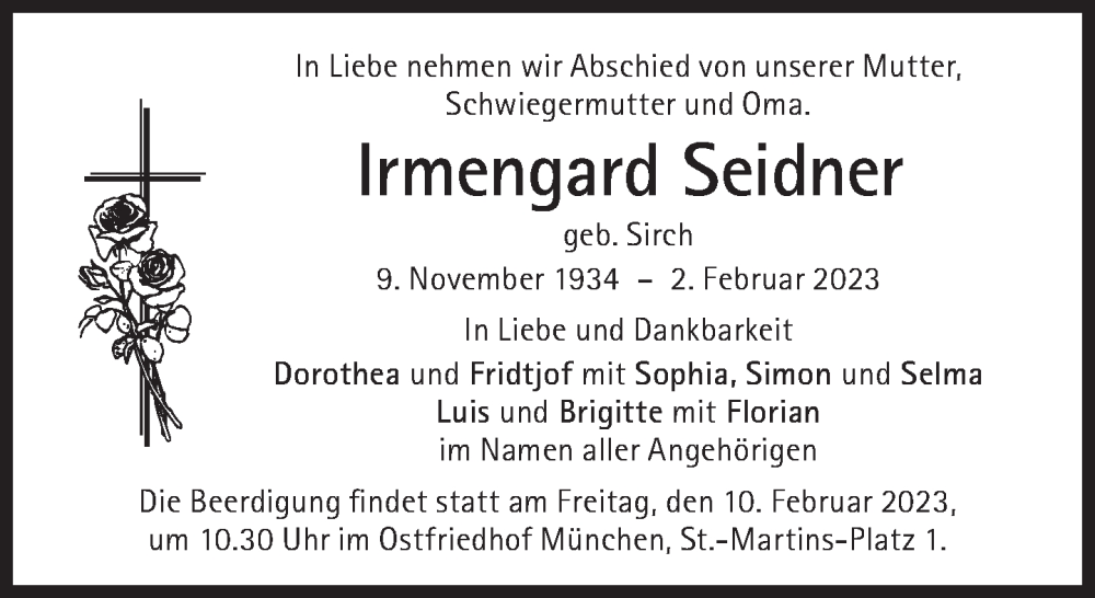  Traueranzeige für Irmengard Seidner vom 04.02.2023 aus Süddeutsche Zeitung