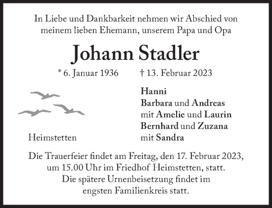 Traueranzeige von Johann Stadler von Süddeutsche Zeitung
