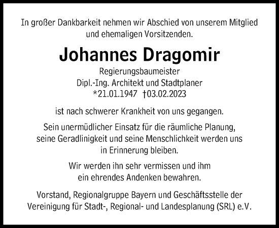 Traueranzeige von Johannes Dragomir von Süddeutsche Zeitung