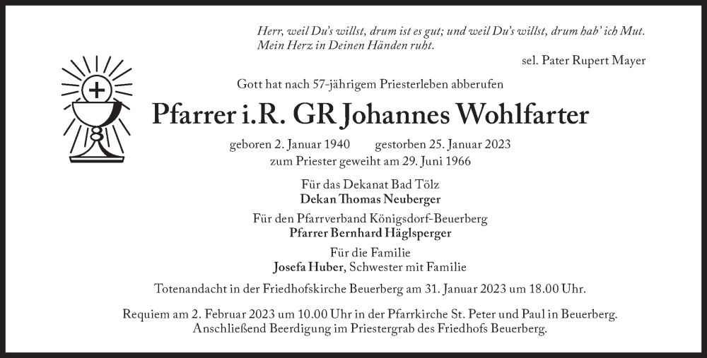  Traueranzeige für Johannes Wohlfarter vom 28.01.2023 aus Süddeutsche Zeitung