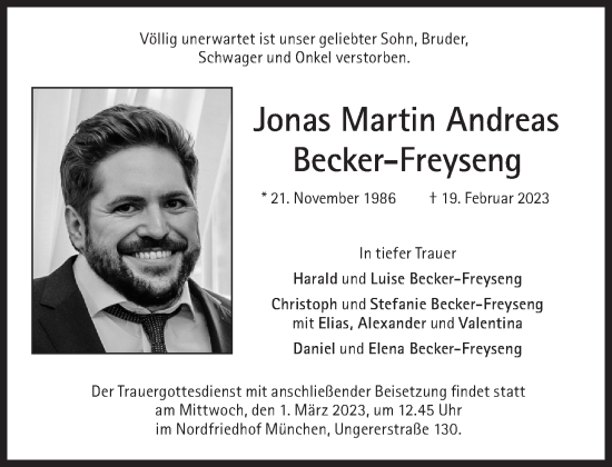 Traueranzeige von Jonas Martin Andreas Becker-Freyseng von Süddeutsche Zeitung