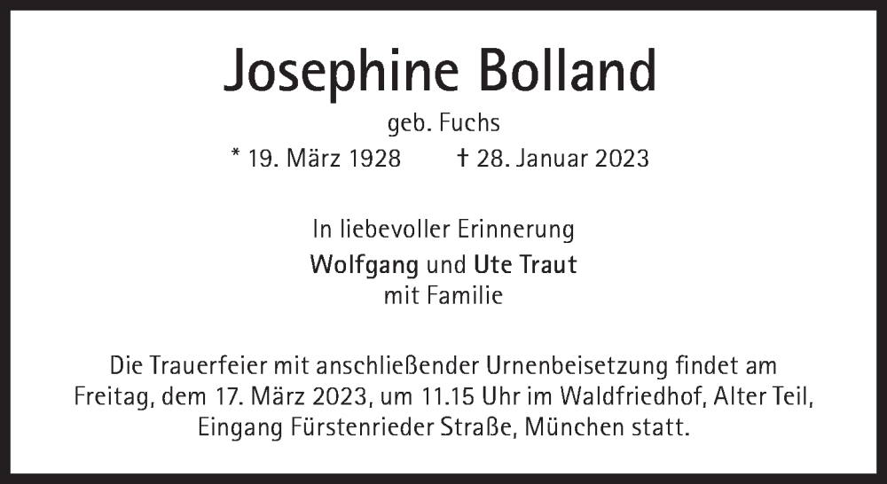  Traueranzeige für Josephine Bolland vom 04.02.2023 aus Süddeutsche Zeitung