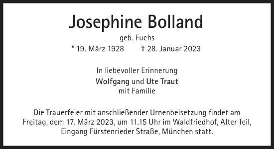 Traueranzeige von Josephine Bolland von Süddeutsche Zeitung