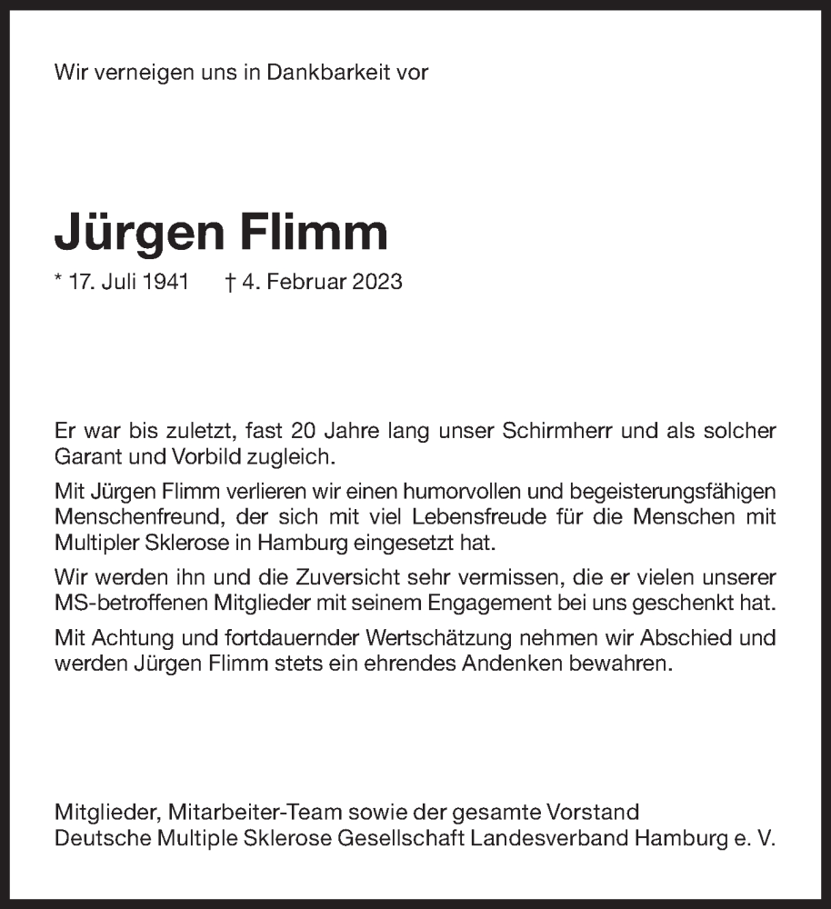  Traueranzeige für Jürgen Flimm vom 11.02.2023 aus Süddeutsche Zeitung
