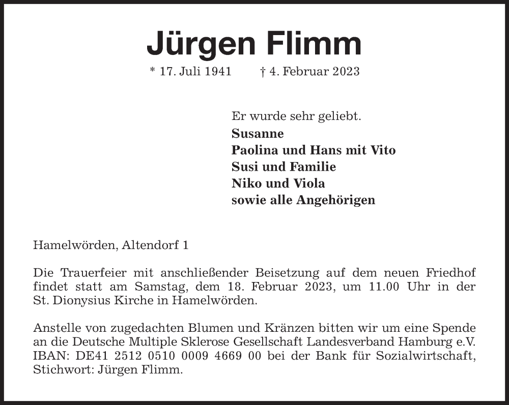  Traueranzeige für Jürgen Flimm vom 08.02.2023 aus Süddeutsche Zeitung