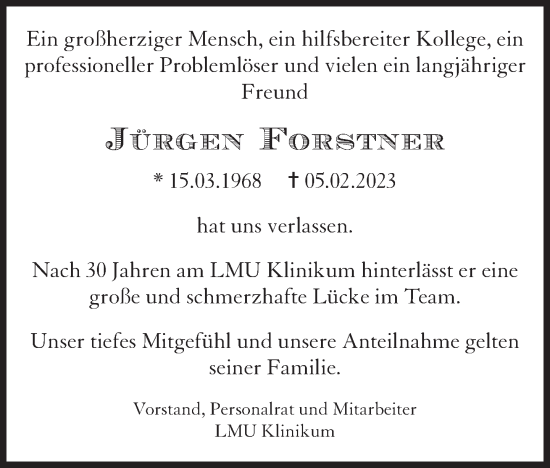 Traueranzeige von Jürgen Forstner von Süddeutsche Zeitung