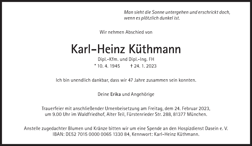 Traueranzeige für Karl-Heinz Küthmann vom 04.02.2023 aus Süddeutsche Zeitung
