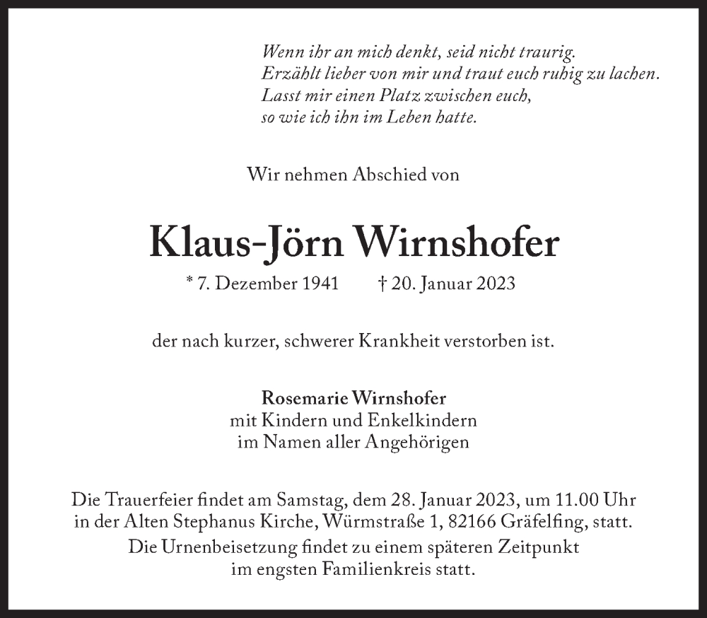  Traueranzeige für Klaus-Jörn Wirnshofer vom 25.01.2023 aus Süddeutsche Zeitung