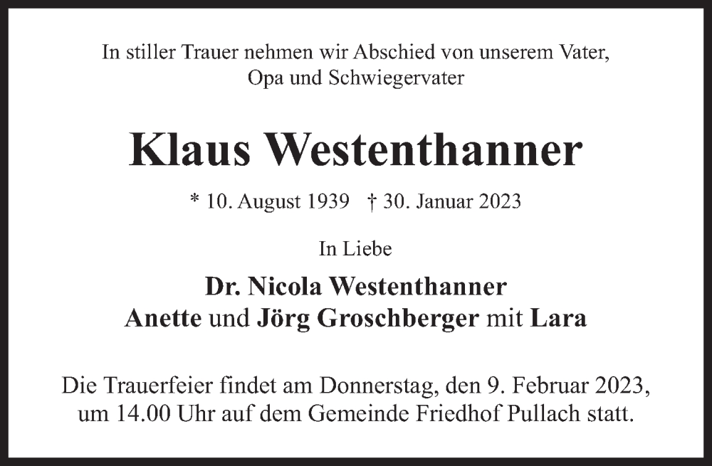  Traueranzeige für Klaus Westenthanner vom 04.02.2023 aus Süddeutsche Zeitung