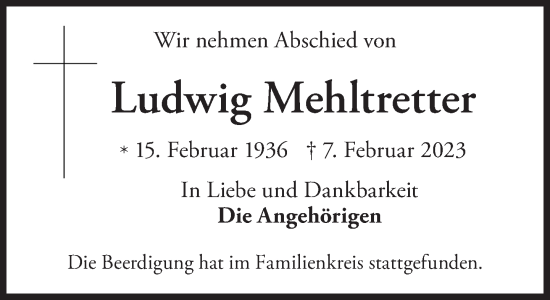 Traueranzeige von Ludwig Mehltretter von Süddeutsche Zeitung