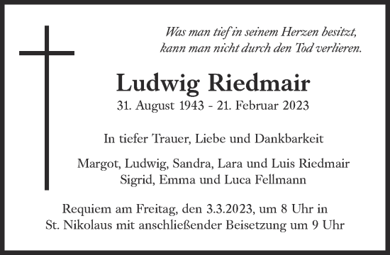 Traueranzeige von Ludwig Riedmair von Süddeutsche Zeitung