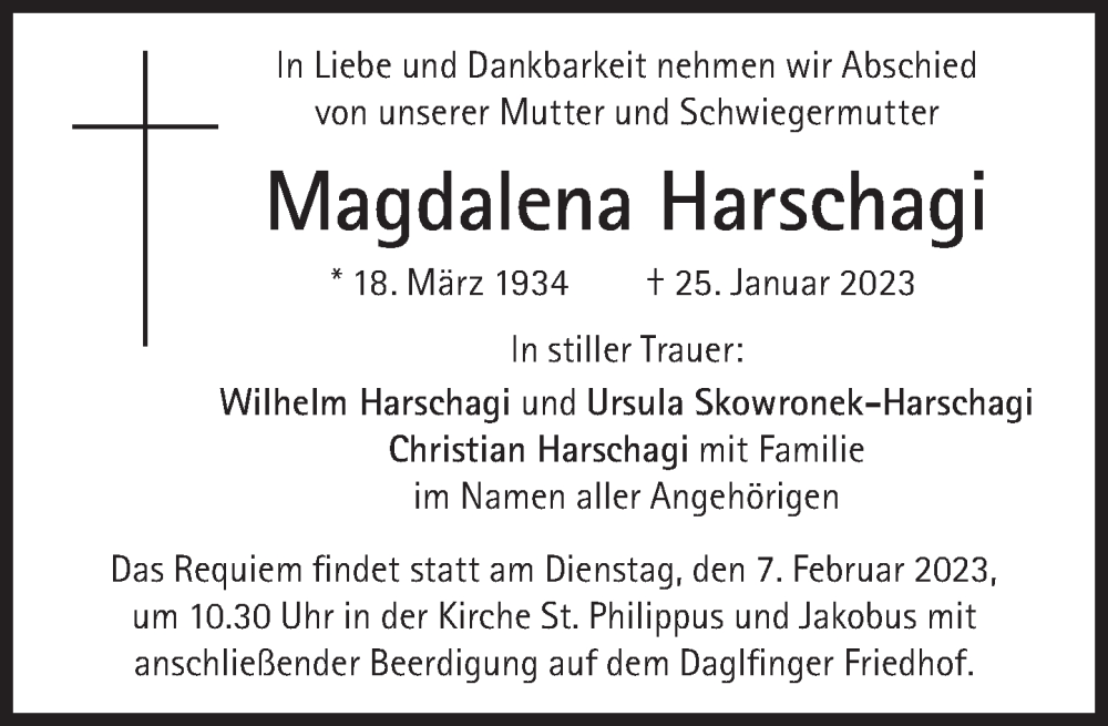  Traueranzeige für Magdalena Harschagi vom 28.01.2023 aus Süddeutsche Zeitung