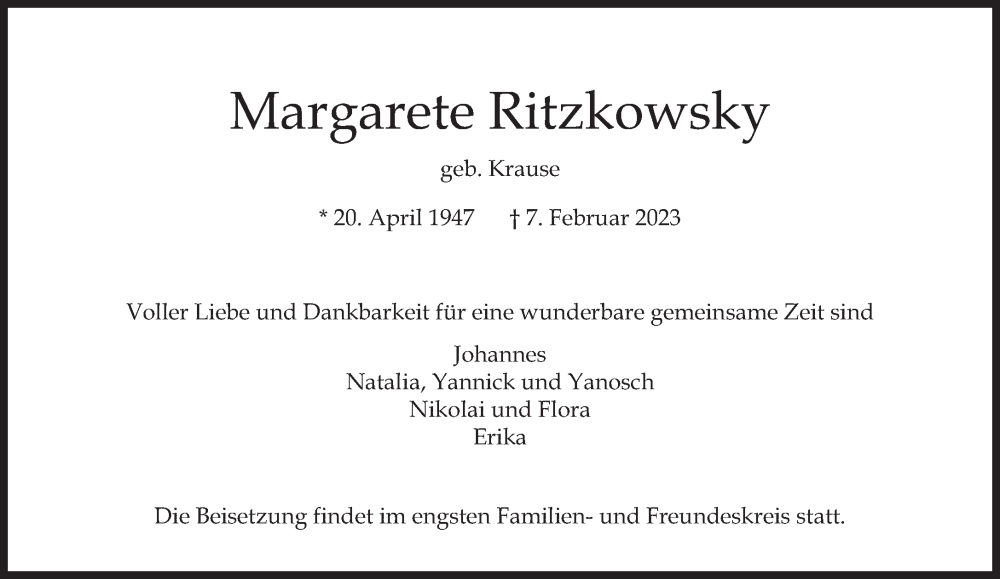  Traueranzeige für Margarete Ritzkowsky vom 11.02.2023 aus Süddeutsche Zeitung