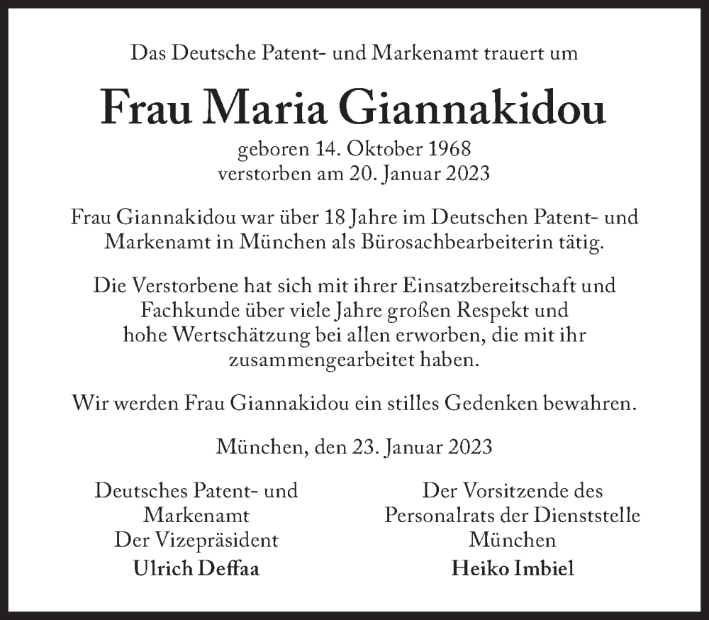  Traueranzeige für Maria Giannakidou vom 26.01.2023 aus Süddeutsche Zeitung