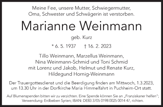 Traueranzeige von Marianne Weinmann von Süddeutsche Zeitung