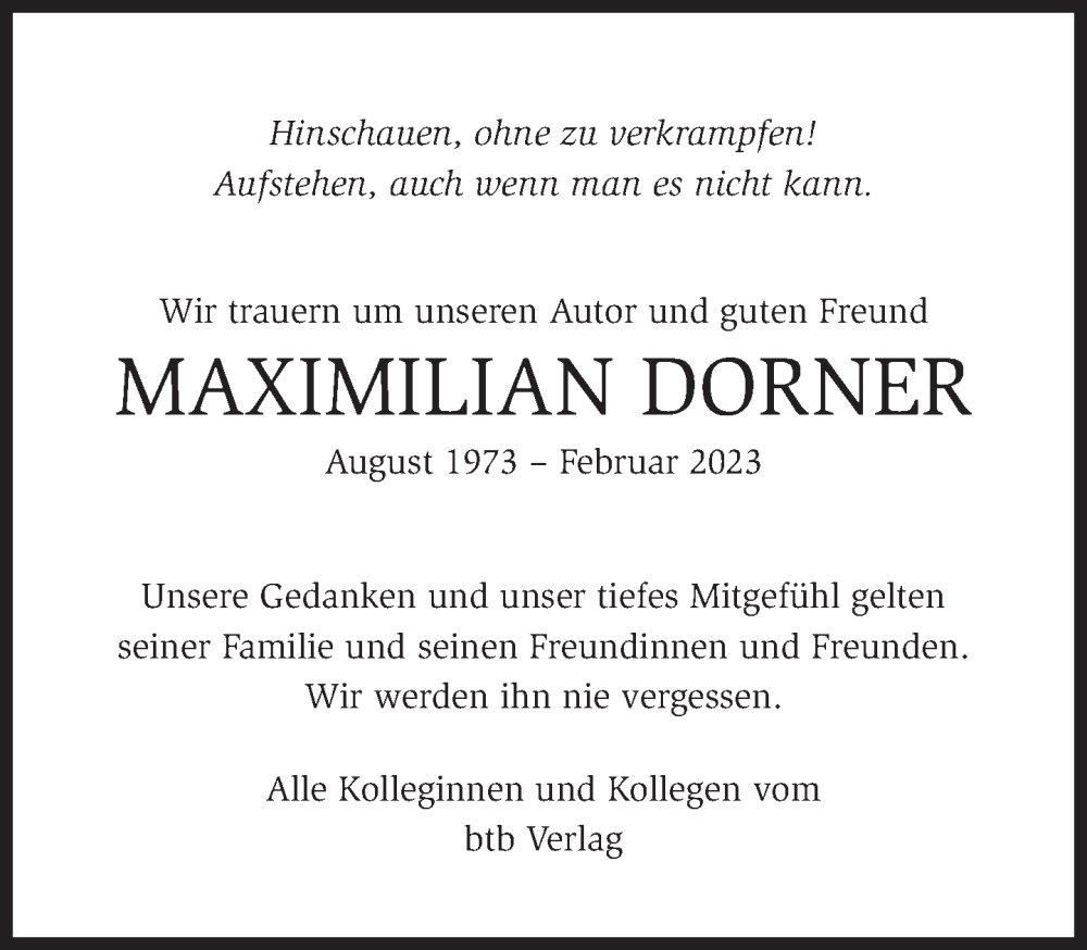  Traueranzeige für Maximilian Michael Dorner vom 25.02.2023 aus Süddeutsche Zeitung