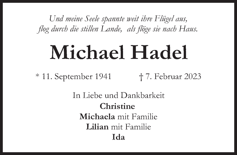  Traueranzeige für Michael Hadel vom 18.02.2023 aus Süddeutsche Zeitung