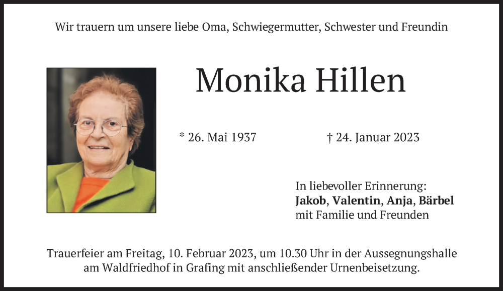  Traueranzeige für Monika Hillen vom 07.02.2023 aus Süddeutsche Zeitung
