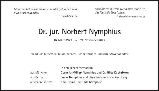 Traueranzeige von Norbert Nymphius von Süddeutsche Zeitung