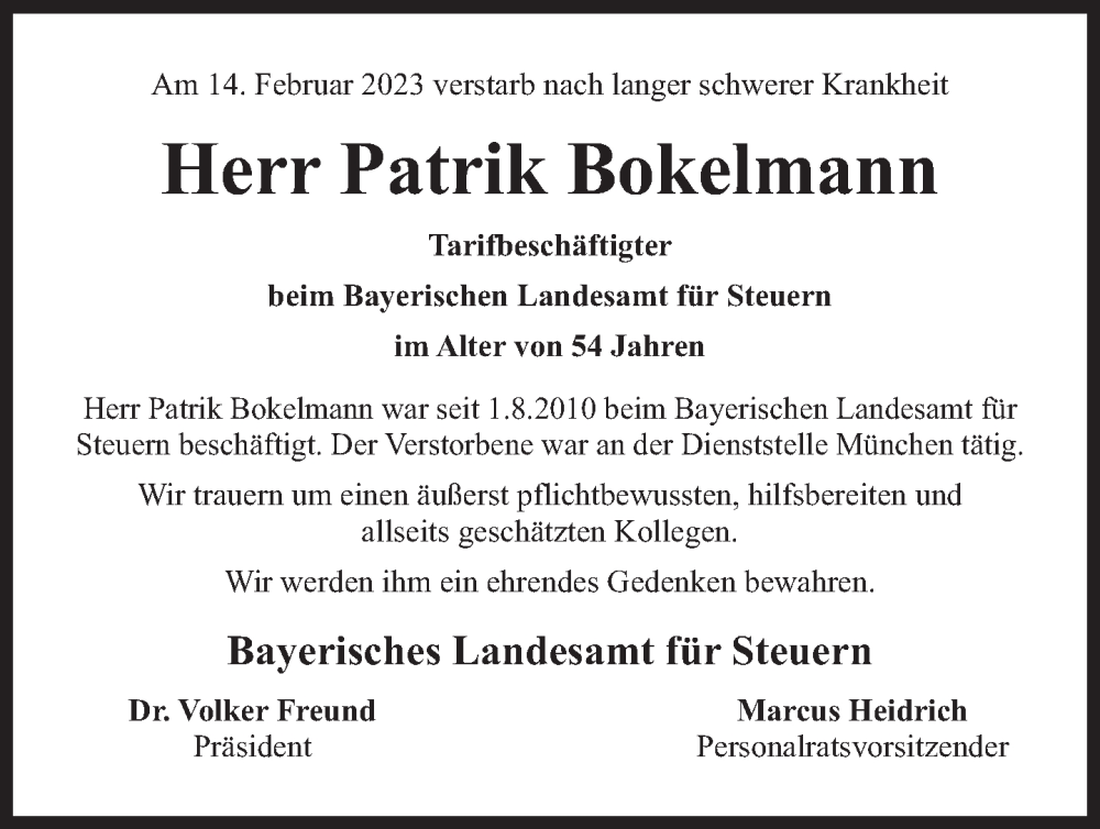  Traueranzeige für Patrik Bokelmann vom 24.02.2023 aus Süddeutsche Zeitung