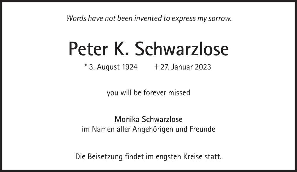  Traueranzeige für Peter K. Schwarzlose vom 04.02.2023 aus Süddeutsche Zeitung
