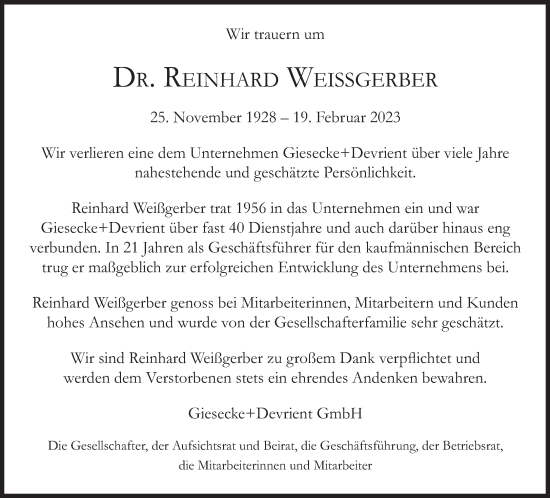 Traueranzeige von Reinhard Weissgerber von Süddeutsche Zeitung