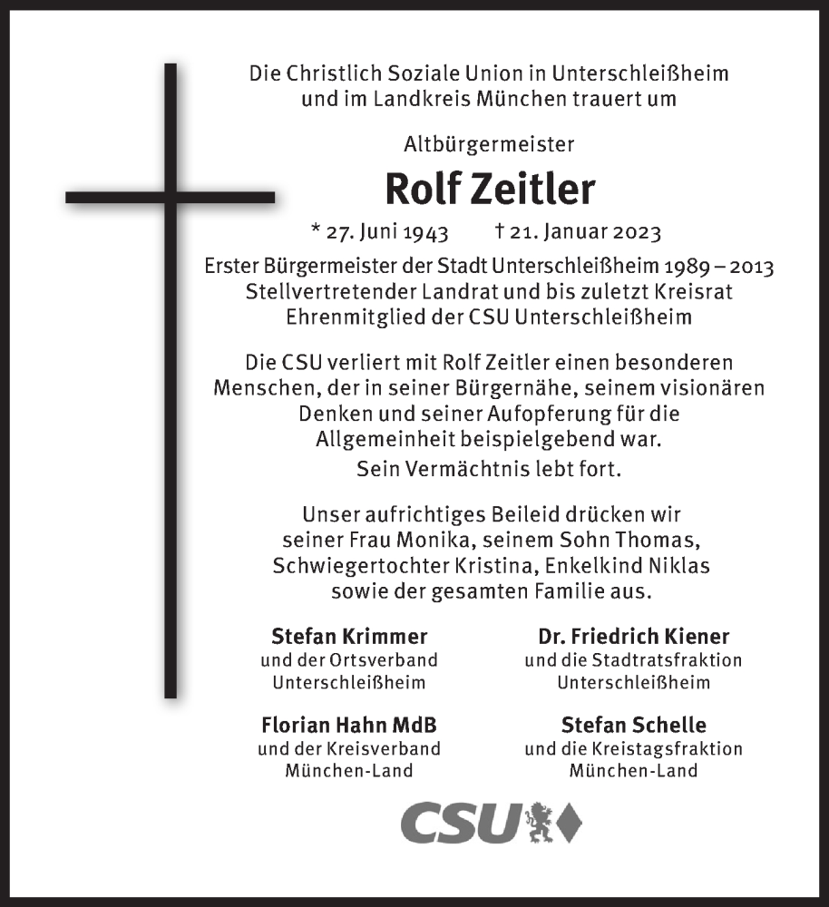  Traueranzeige für Rolf Zeitler vom 28.01.2023 aus Süddeutsche Zeitung
