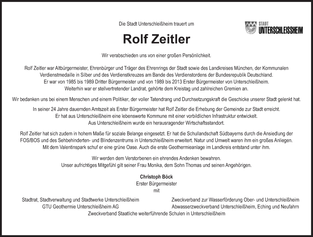  Traueranzeige für Rolf Zeitler vom 28.01.2023 aus Süddeutsche Zeitung