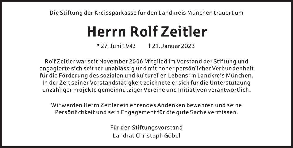  Traueranzeige für Rolf Zeitler vom 26.01.2023 aus Süddeutsche Zeitung