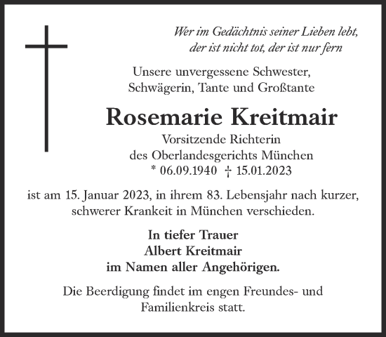 Traueranzeige von Rosemarie Kreitmair von Süddeutsche Zeitung