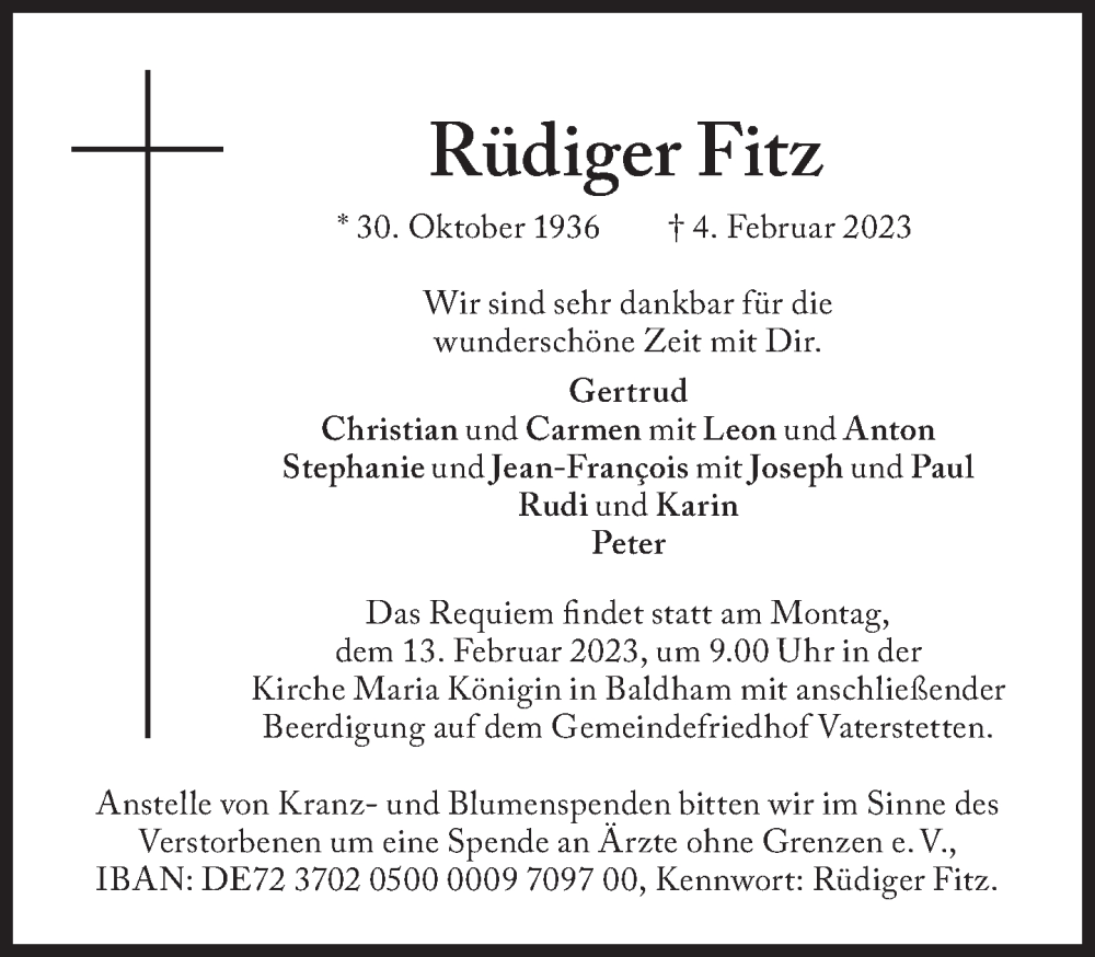  Traueranzeige für Rüdiger Fitz vom 08.02.2023 aus Süddeutsche Zeitung