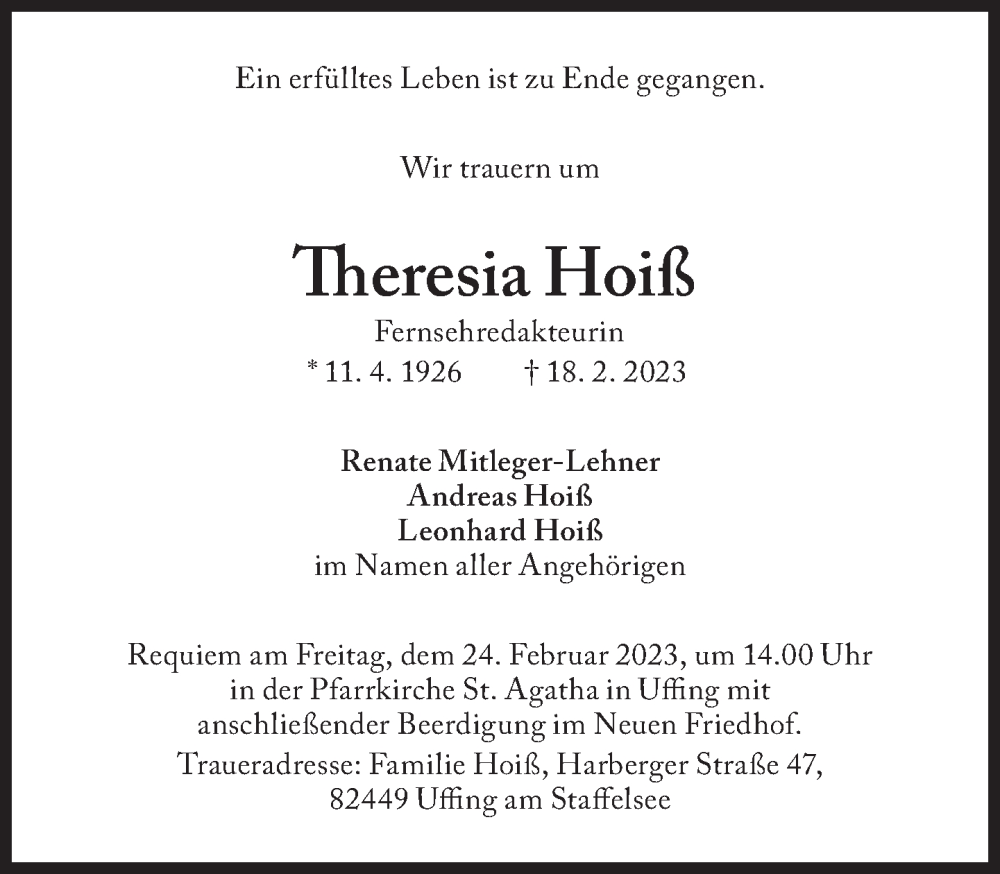  Traueranzeige für Teresia Hoiß vom 21.02.2023 aus Süddeutsche Zeitung