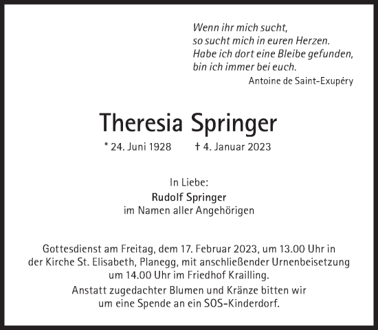 Traueranzeige von Theresia Springer von Süddeutsche Zeitung