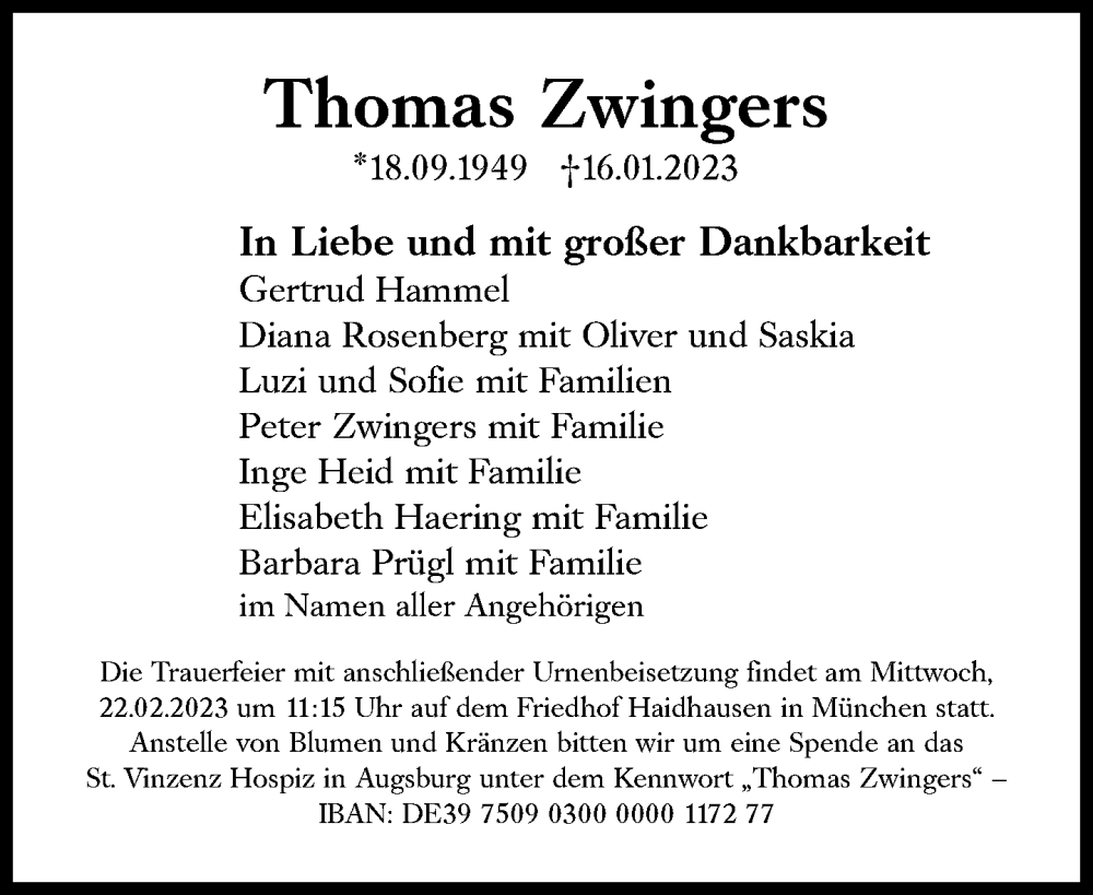  Traueranzeige für Thomas Zwingers vom 03.02.2023 aus Süddeutsche Zeitung