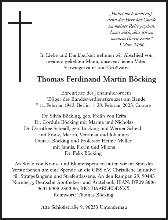Traueranzeige von Thomas Ferdinand Martin Böcking von Süddeutsche Zeitung