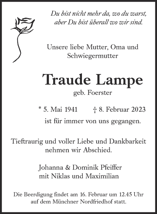Traueranzeige von Traude Lampe von Süddeutsche Zeitung