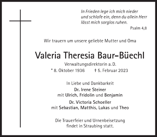 Traueranzeige von Valeria Theresia Baur-Büechl von Süddeutsche Zeitung