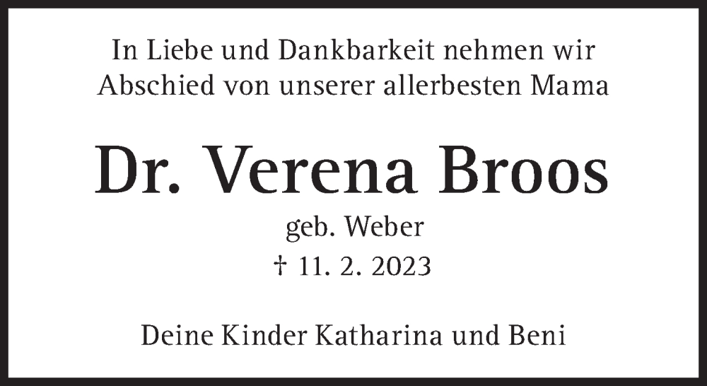  Traueranzeige für Verena Broos vom 18.02.2023 aus Süddeutsche Zeitung