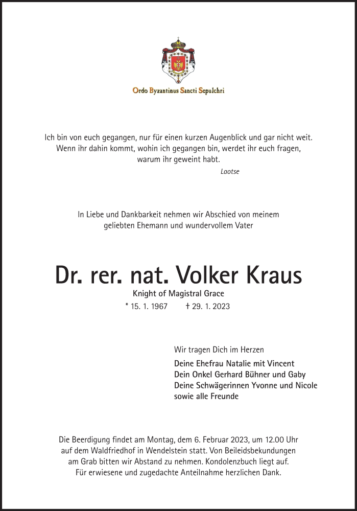  Traueranzeige für Volker Kraus vom 04.02.2023 aus Süddeutsche Zeitung