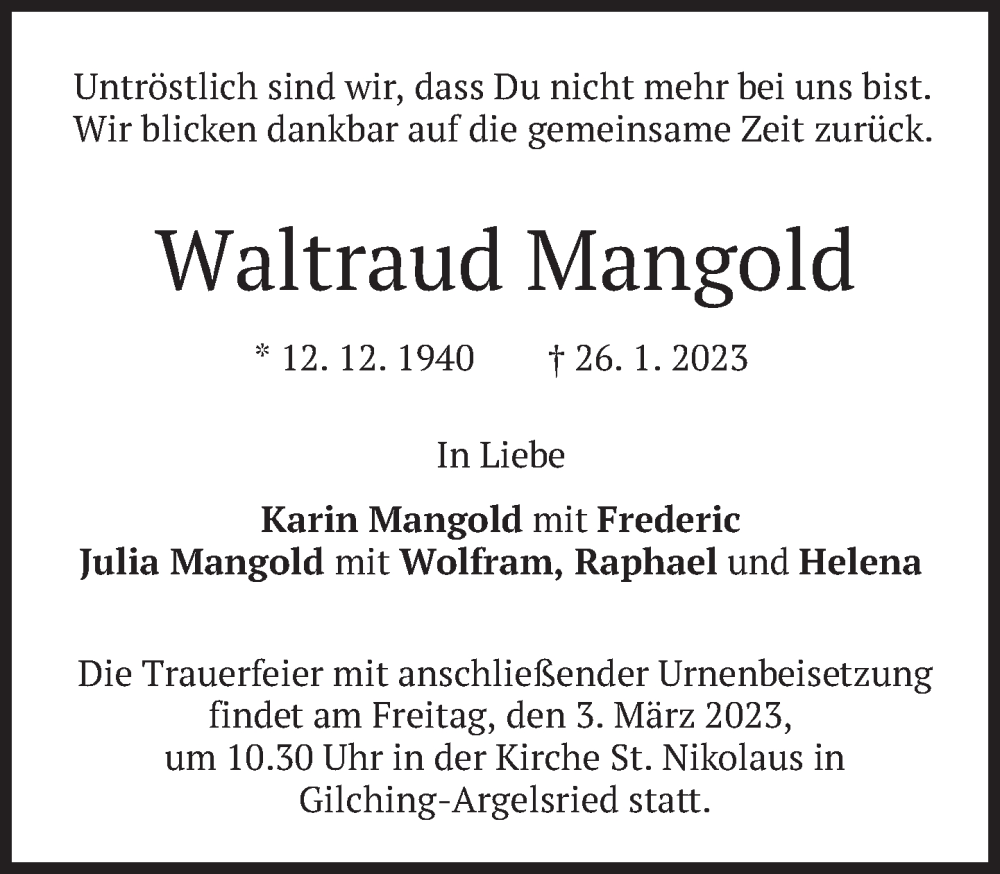  Traueranzeige für Waltraud Mangold vom 11.02.2023 aus Süddeutsche Zeitung