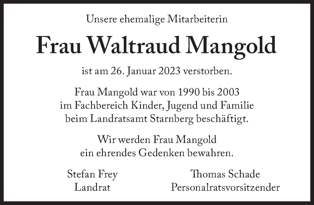  Traueranzeige für Waltraud Mangold vom 07.02.2023 aus Süddeutsche Zeitung