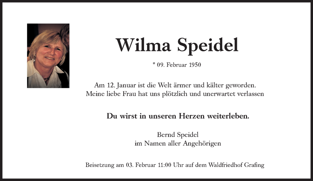  Traueranzeige für Wilma Speidel vom 28.01.2023 aus Süddeutsche Zeitung