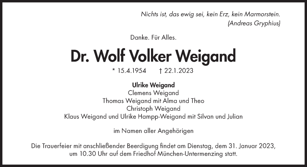  Traueranzeige für Wolf Volker Weigand vom 28.01.2023 aus Süddeutsche Zeitung