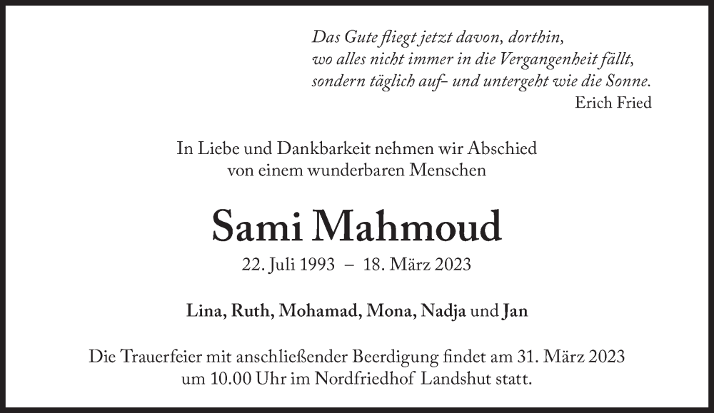  Traueranzeige für Sami Mahmoud vom 24.03.2023 aus Süddeutsche Zeitung