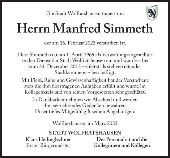 Traueranzeige von Manfred Simmeth von Süddeutsche Zeitung