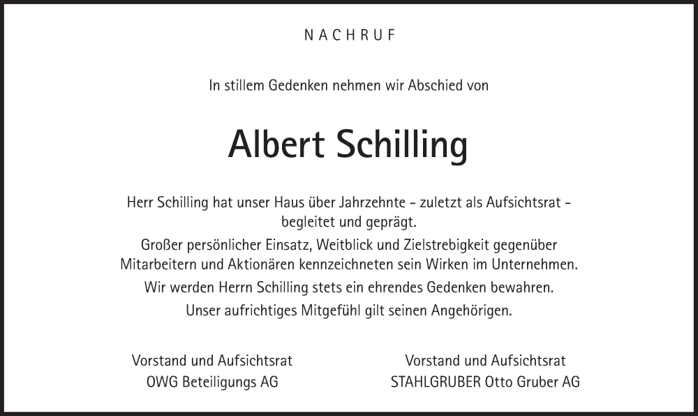  Traueranzeige für Albert Schilling vom 11.03.2023 aus Süddeutsche Zeitung