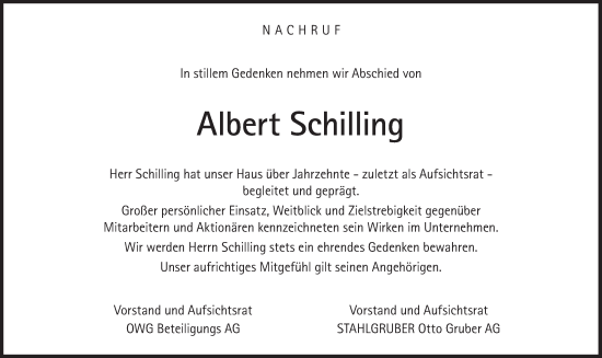 Traueranzeige von Albert Schilling von Süddeutsche Zeitung