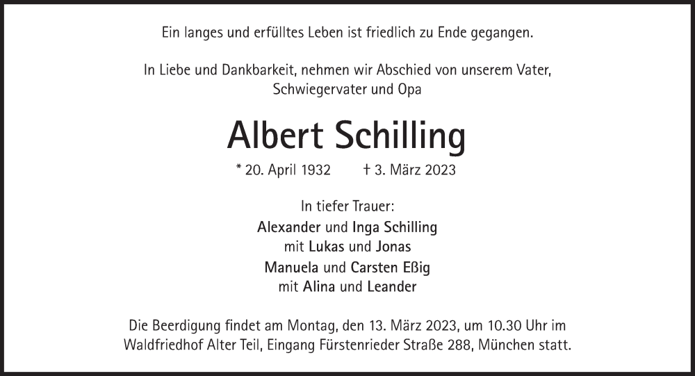  Traueranzeige für Albert Schilling vom 11.03.2023 aus Süddeutsche Zeitung
